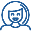 Smiling woman with short hair in blue outline style icon for dental practice.