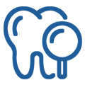 Blue line icon showing a tooth with a dental mirror on white background.
