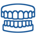 Blue dental dentures icon representing false teeth or prosthetic dentistry services.