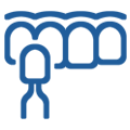 Stick figure standing beneath blue dental chair in dental office setting