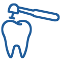 Dental mirror tool examining a tooth illustration in blue outline