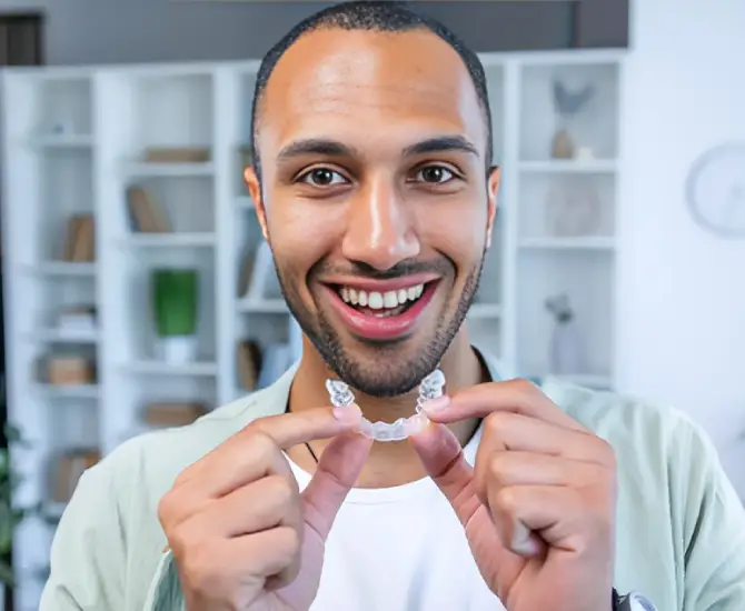 Smiling man holding clear aligner in dental office with white cabinet background.