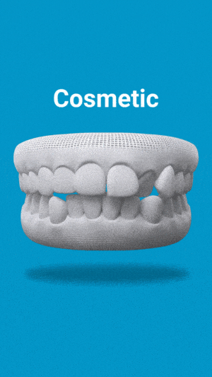 3D dental model showing teeth arrangement on blue background labeled "Cosmetic"